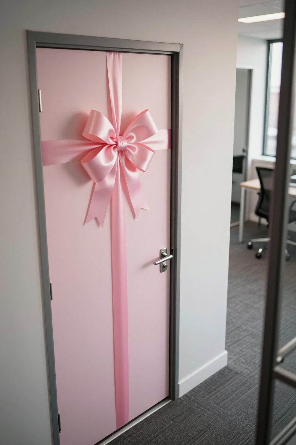 Office door decorated with wrapping paper and a ribbon like a gift