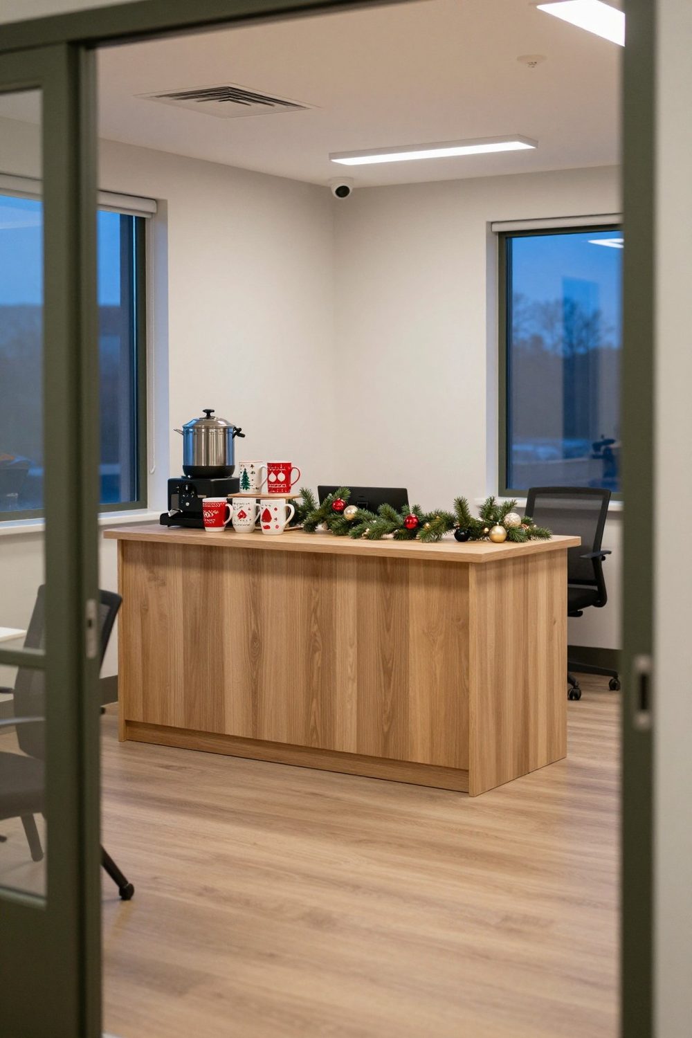 Office break room with a hot cocoa station, mugs and a small garland