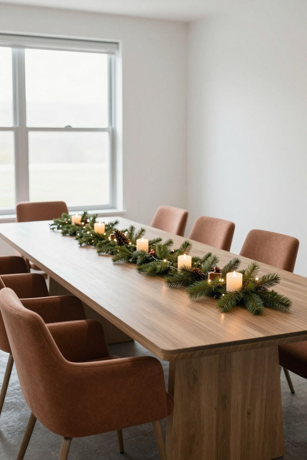 Conference room table with a long garland centerpiece and battery candles