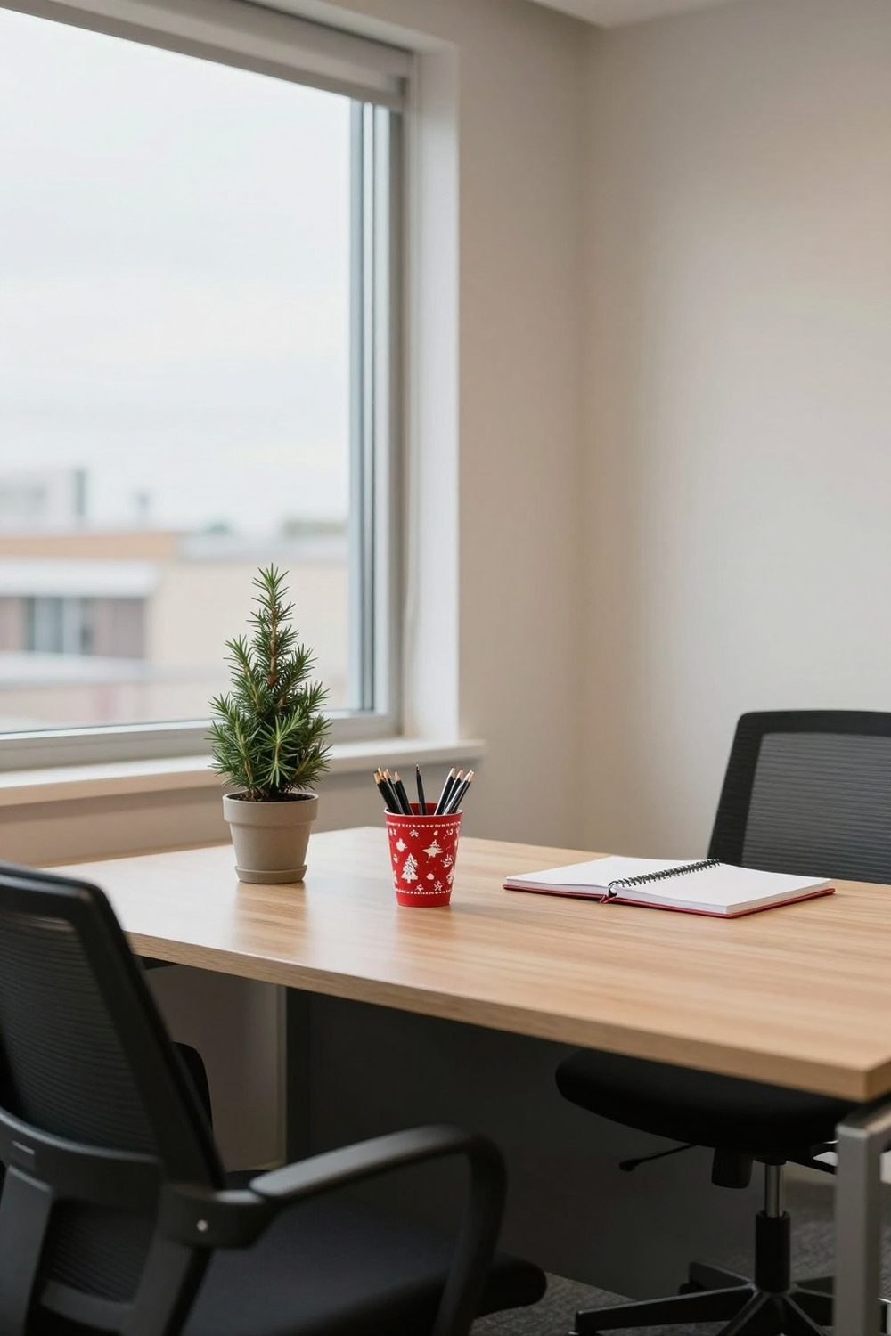 Desk with a small potted rosemary tree and a festive pen cup