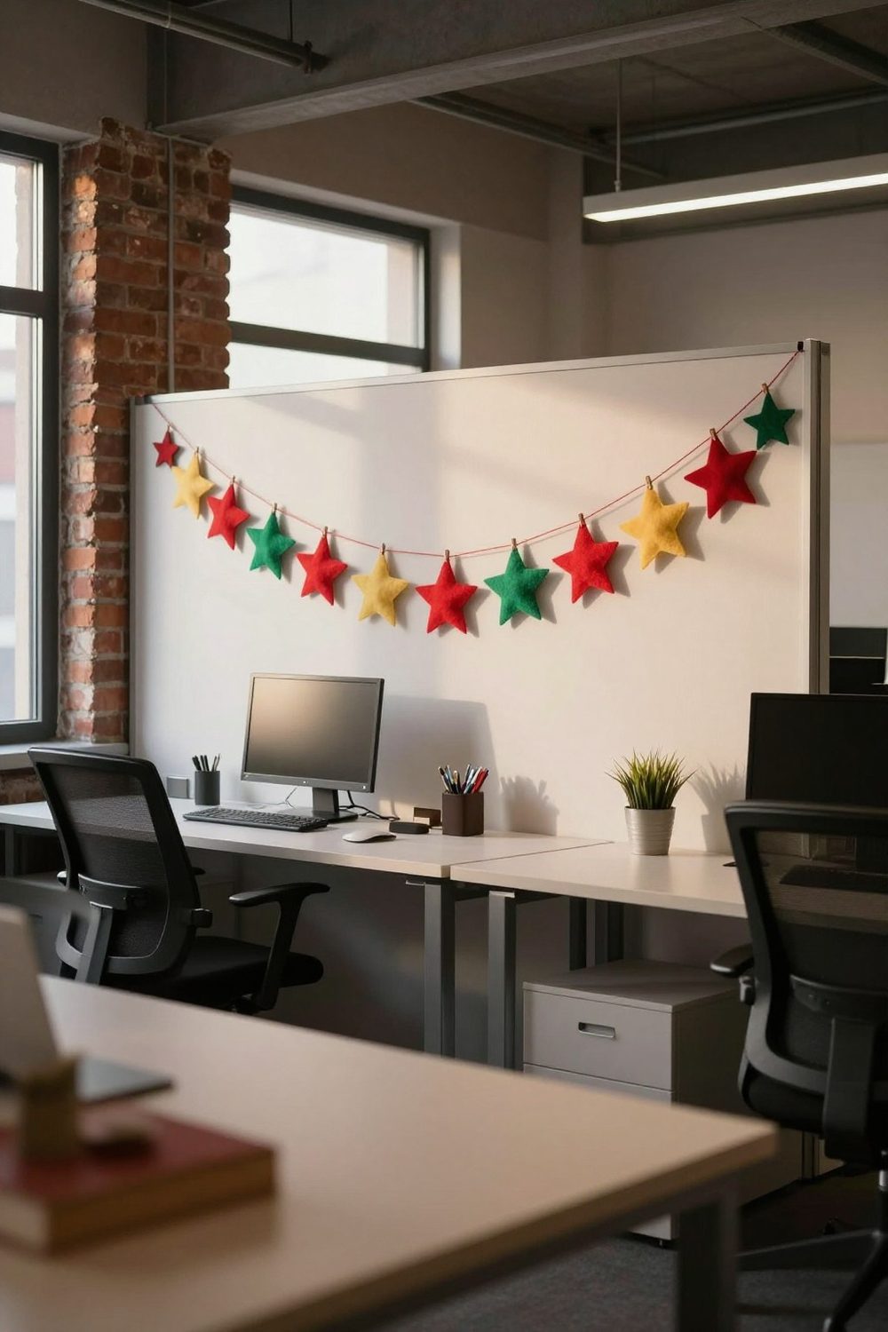 Office cubicle wall with a fabric garland of felt stars