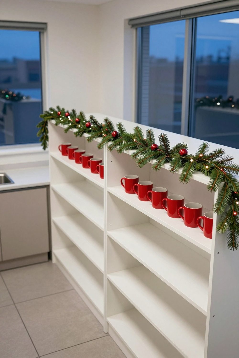 Office kitchen with a garland on the open shelves and red mugs