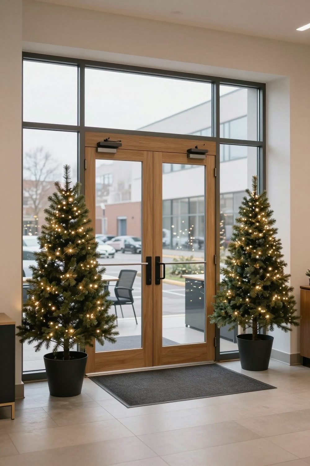 Office entrance with two potted artificial trees with lights flanking the glass doors