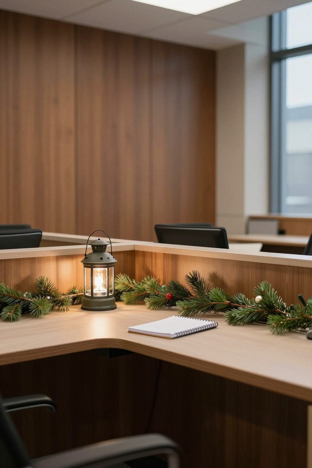 Desk with a small battery lantern, a sprig of greenery and a notebook