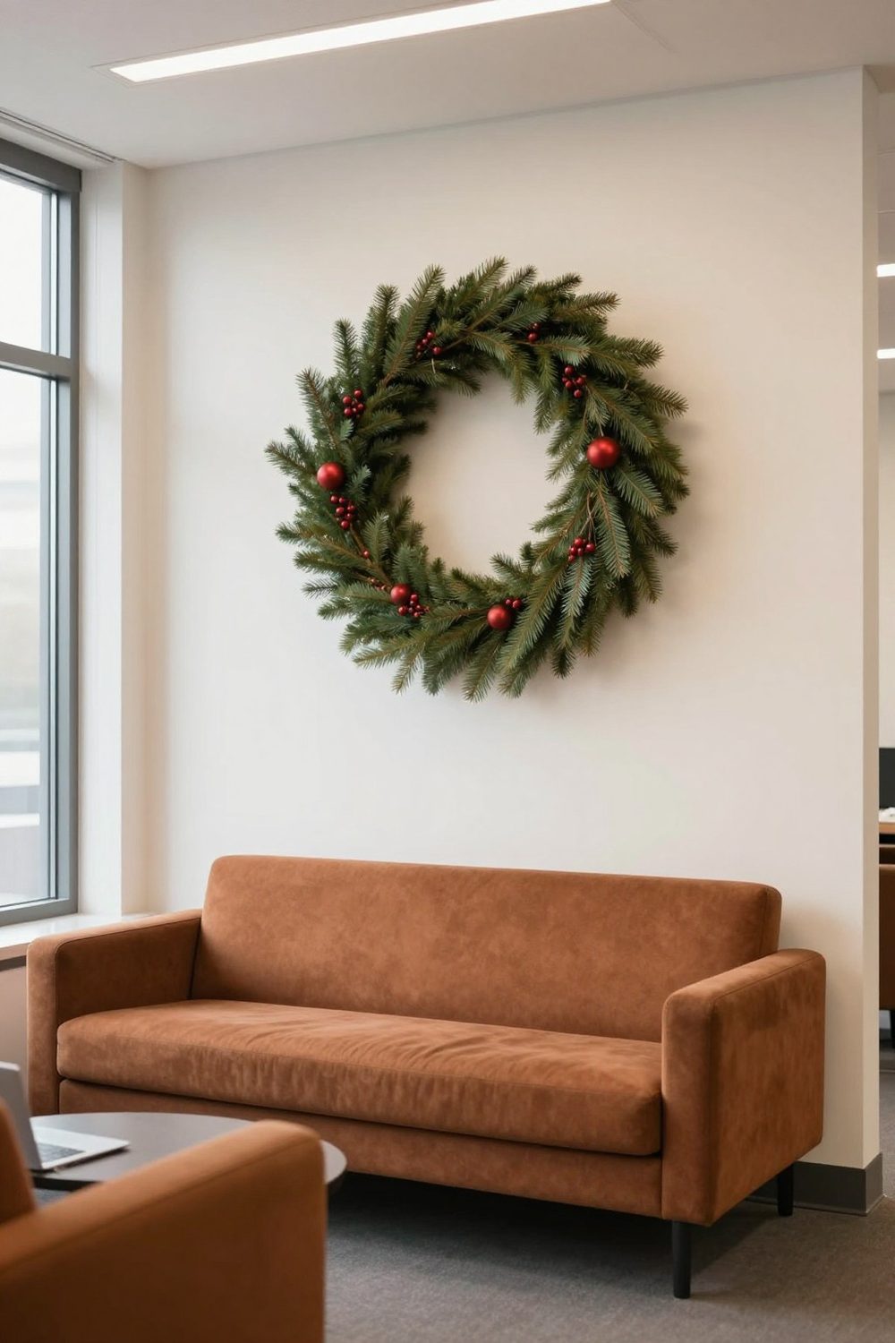 Office wall with a large wreath above a sofa in a lounge area