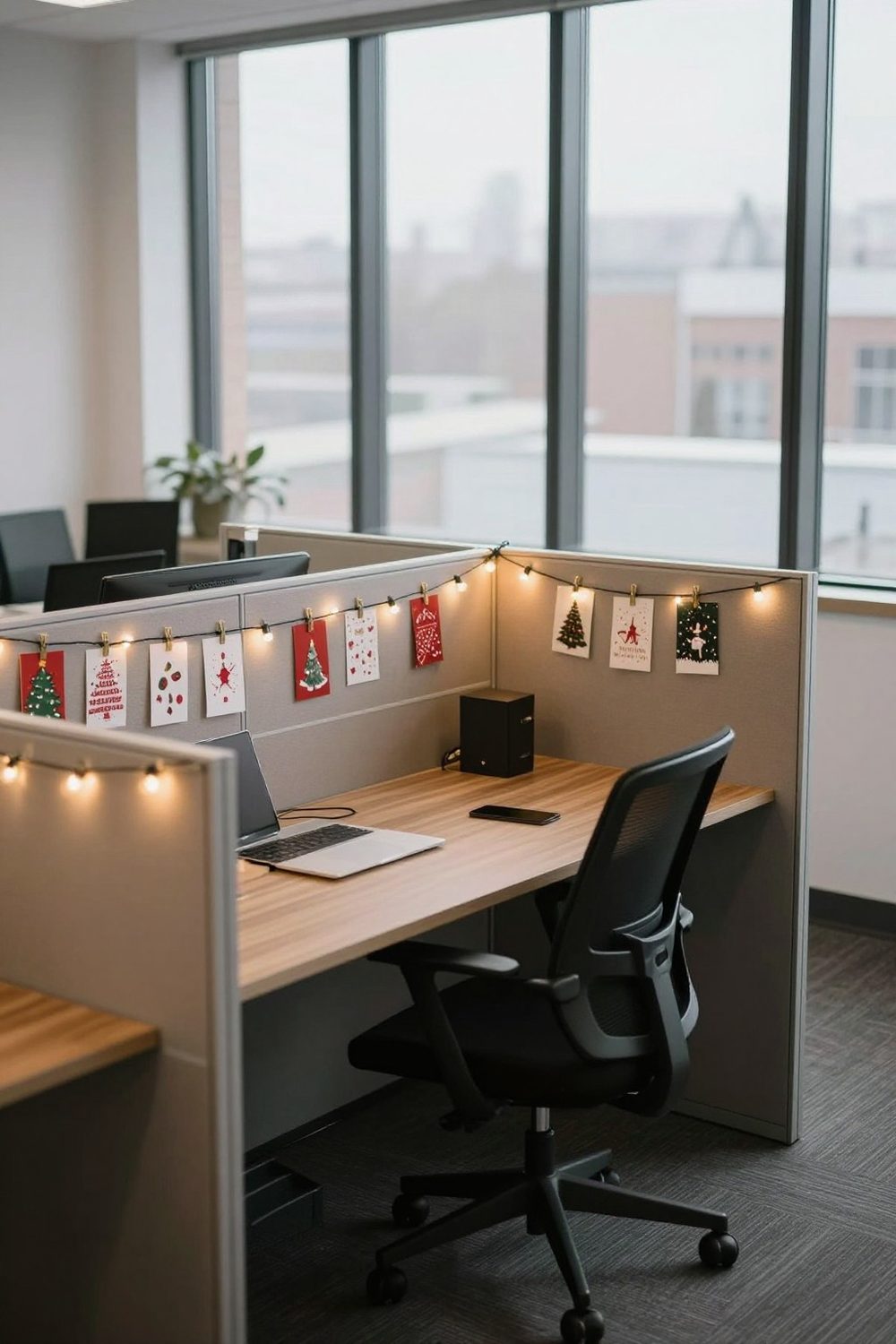 Office cubicle partition with a string of battery fairy lights and photo clips