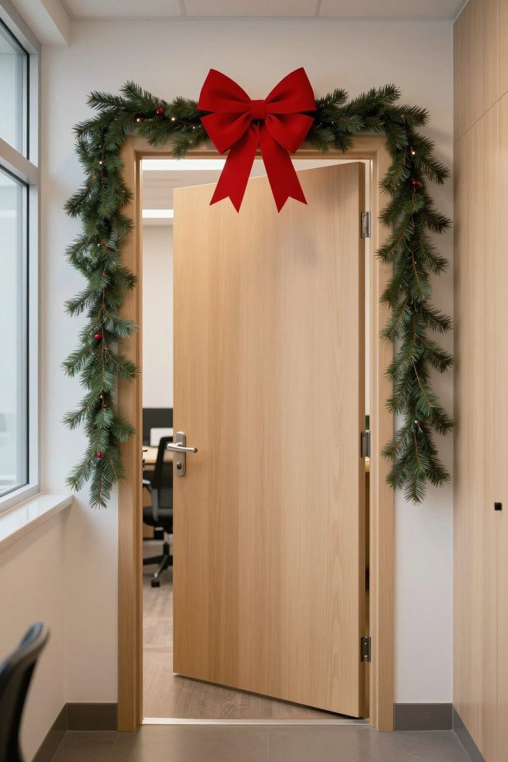 Office doorway with a garland and red bow above the frame, door clear