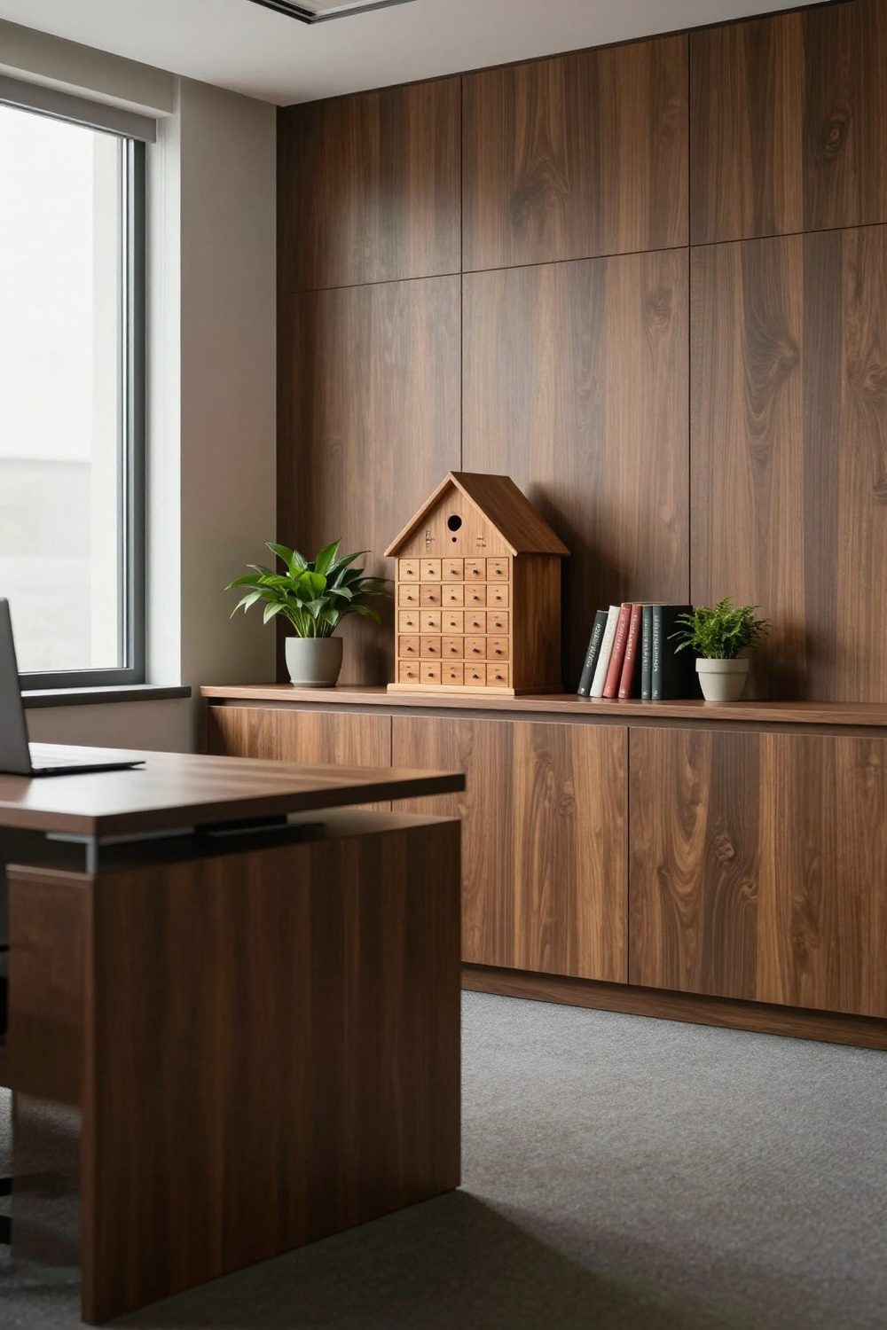 Wooden advent calendar house with small drawers on a shelf in an office