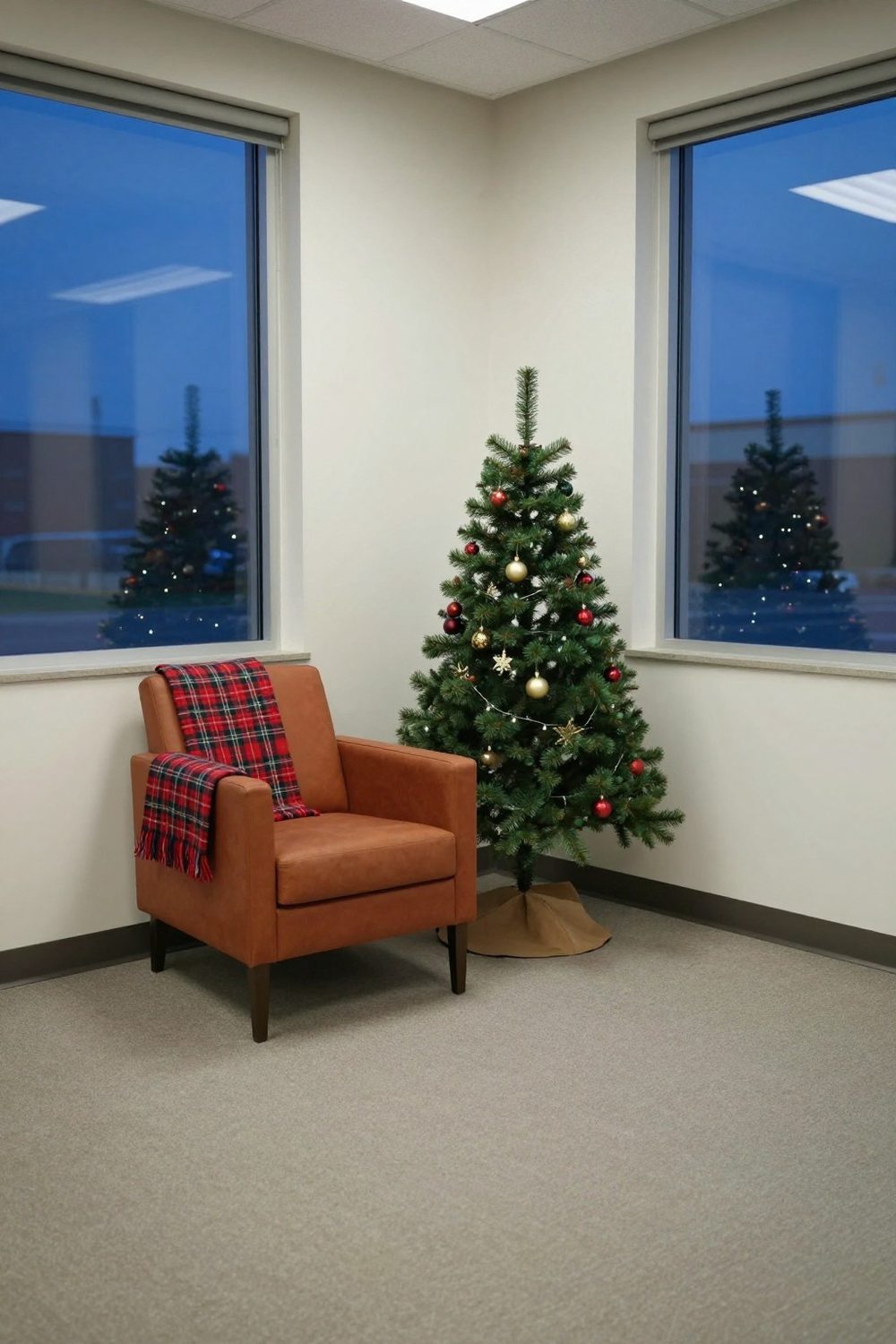 Cozy office corner with a plaid throw on an armchair and a small tree