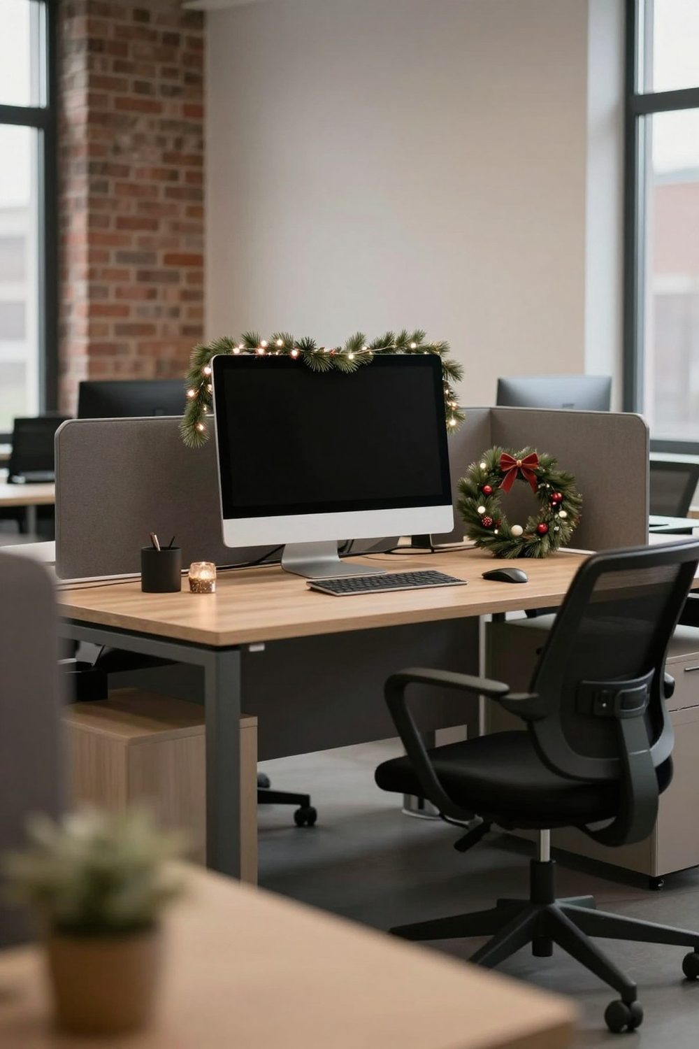 Office desk monitor with a small garland on top and a mini wreath on the side, screen off