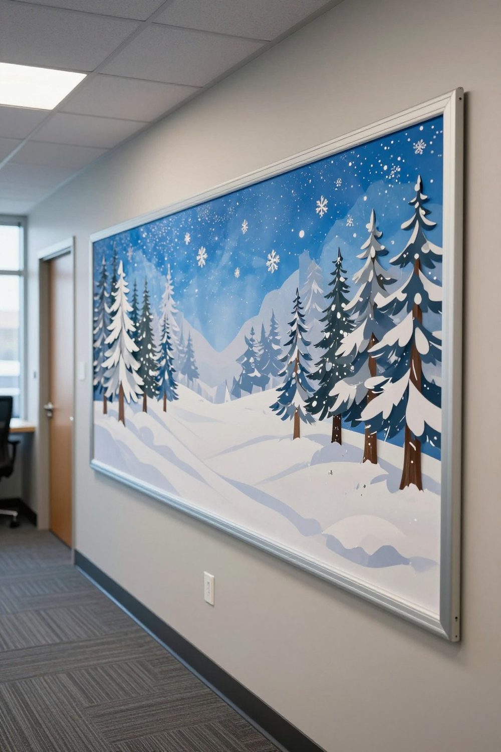 Office hallway bulletin board with a winter scene made of paper