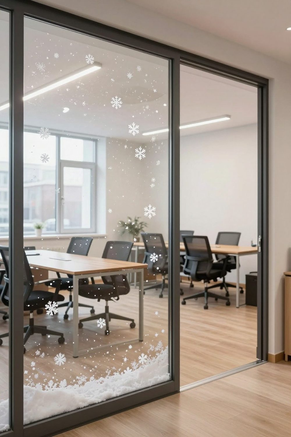 Glass office partition with white window clings of snowflakes