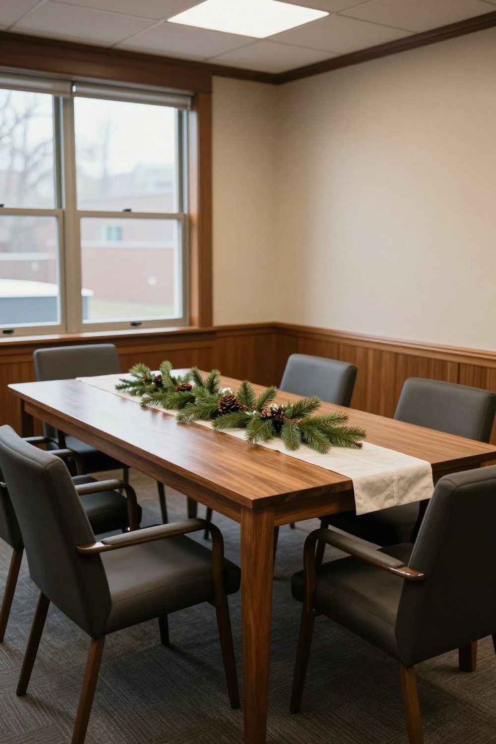 Office break room table set for a holiday lunch with a runner and simple greenery