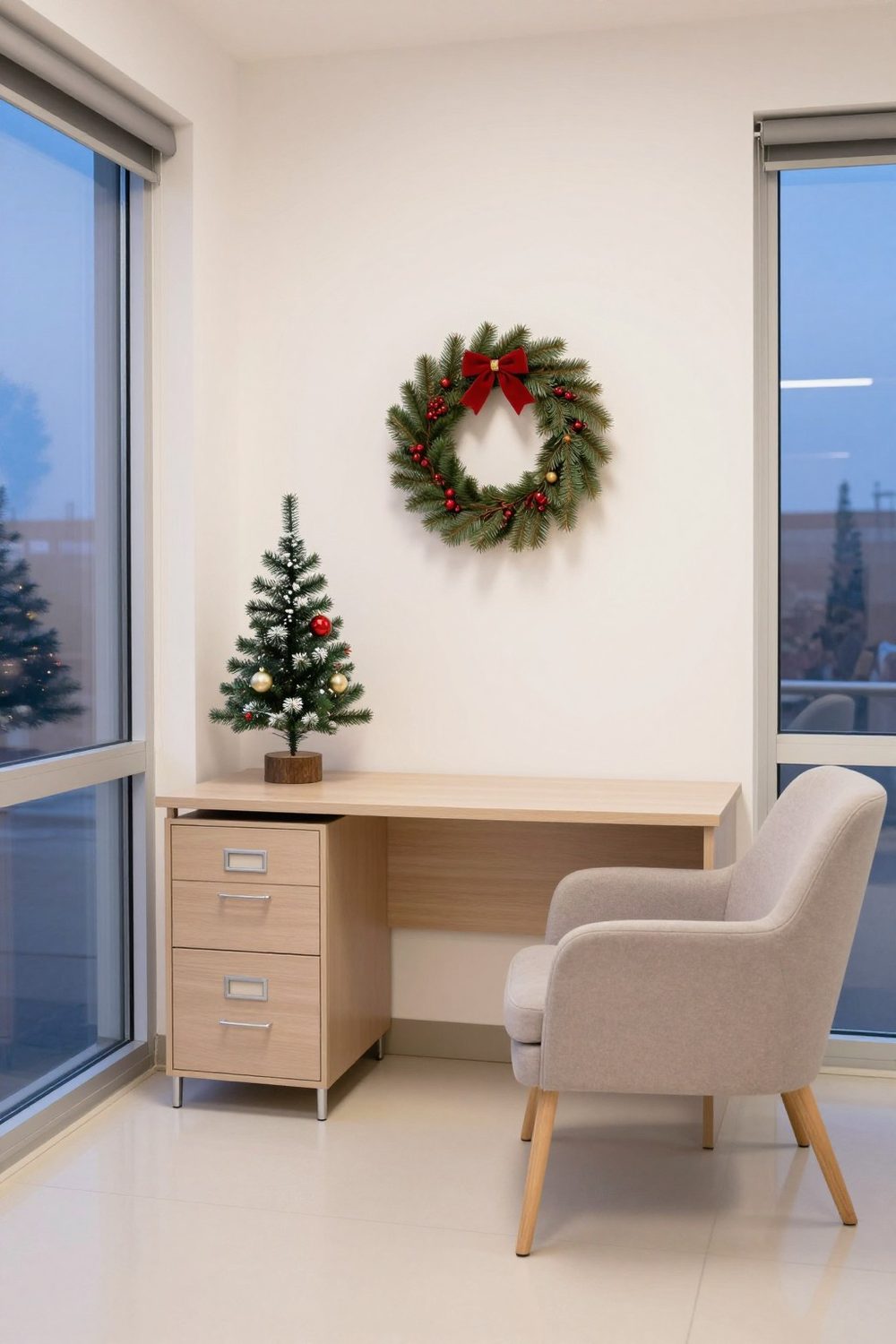 Small office with a tabletop tree on a filing cabinet and a wreath on the wall