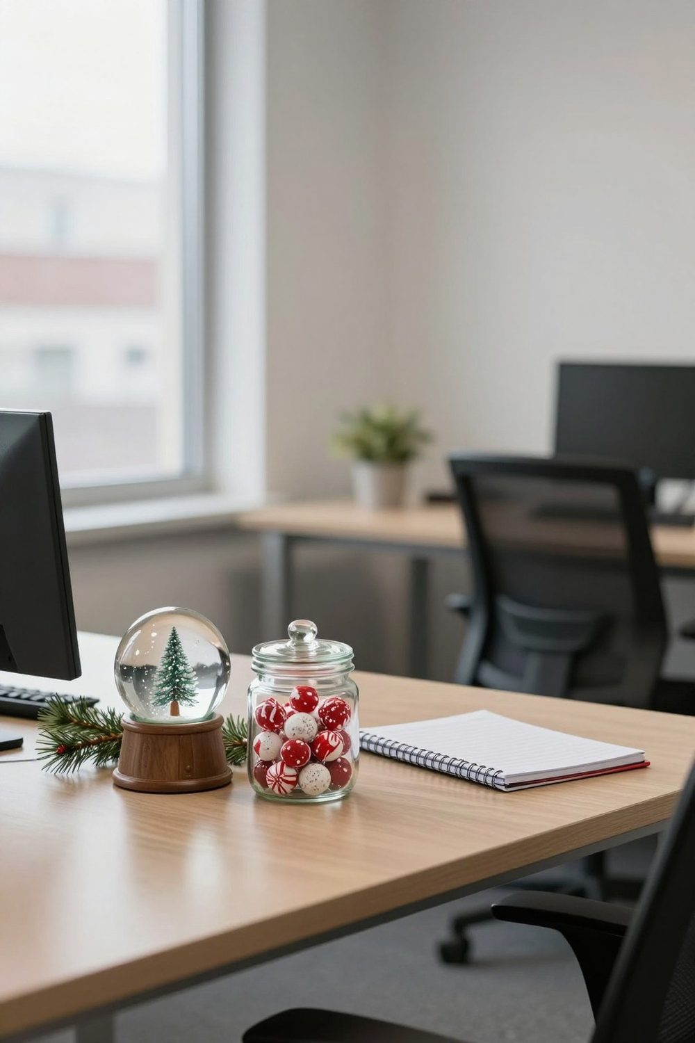Desk with a snow globe and a jar of wrapped candies