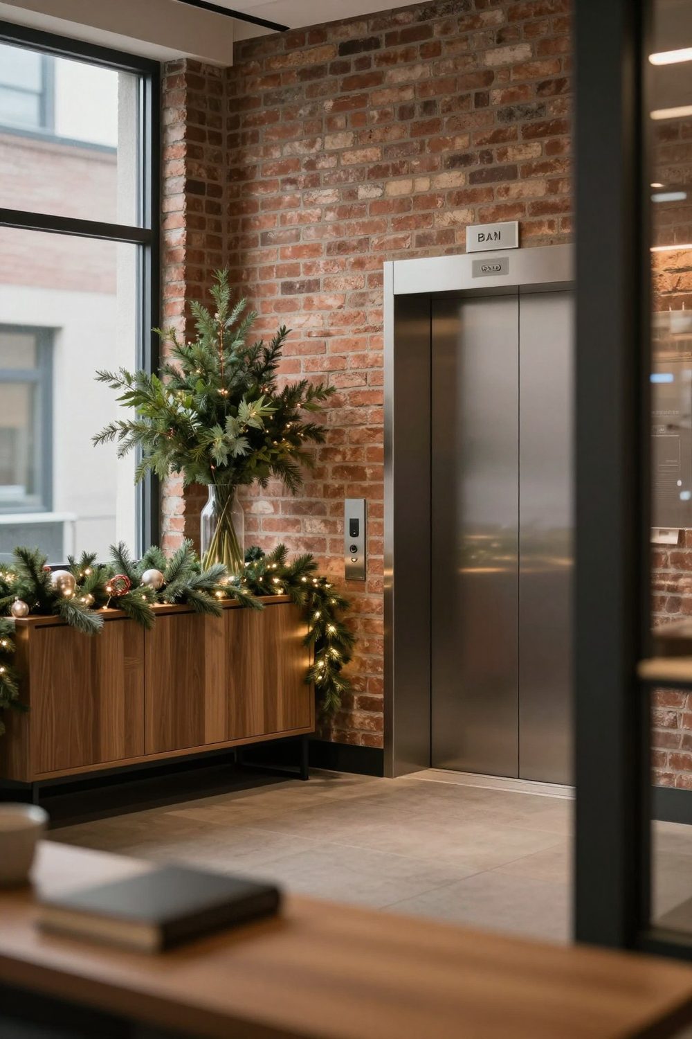 Office elevator lobby with a garland on a console and a tall vase of greenery