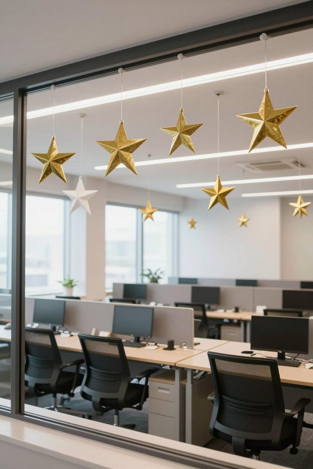 Office with gold and white star ornaments hanging from a ceiling-mounted track, well below sprinklers