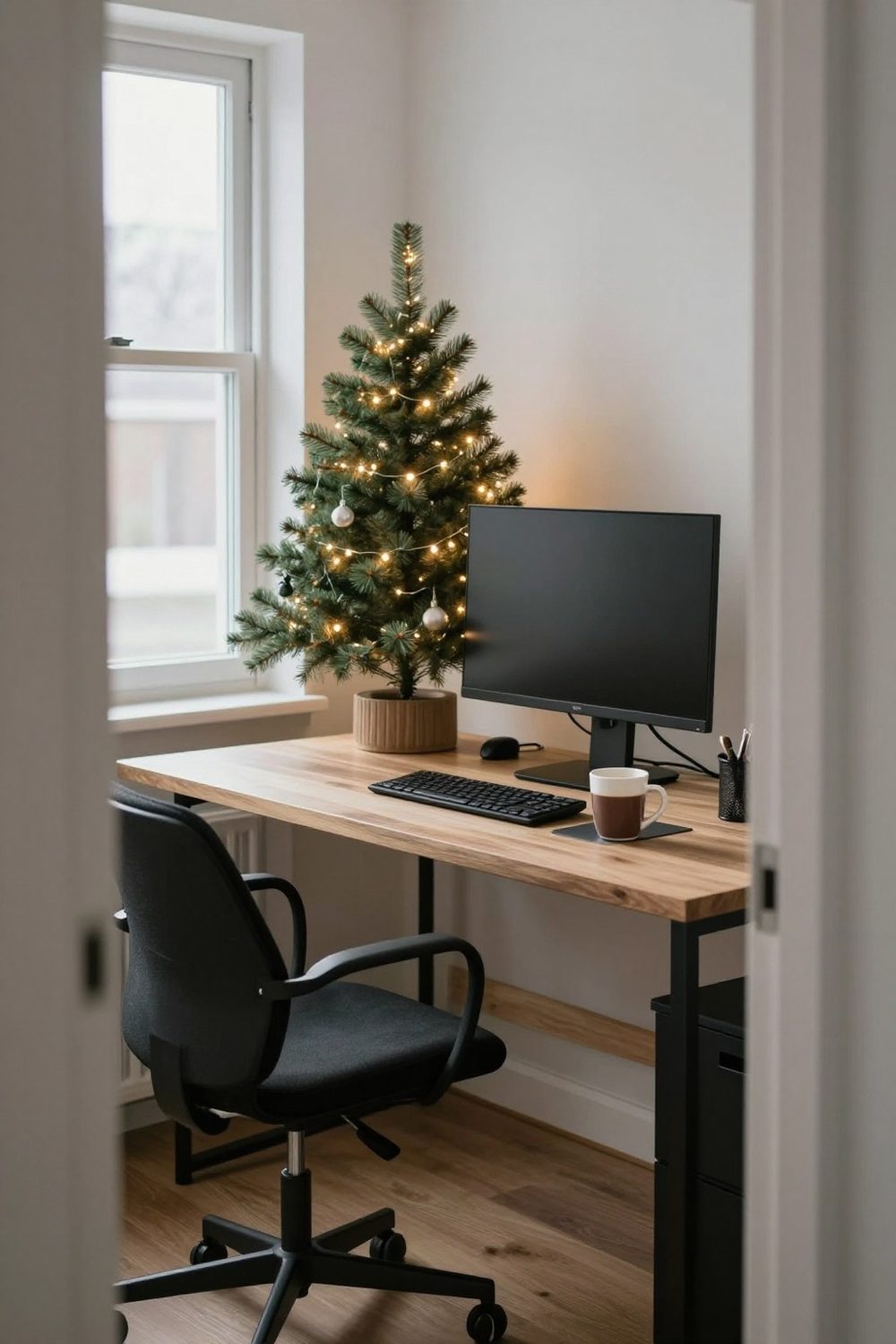 Home office desk decorated for Christmas with a small tree, fairy lights and a mug of cocoa