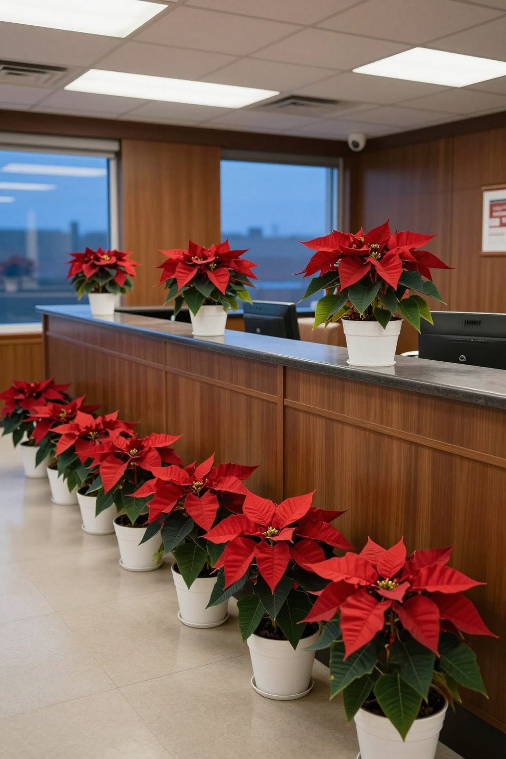 Office reception area with poinsettias in a row of white pots