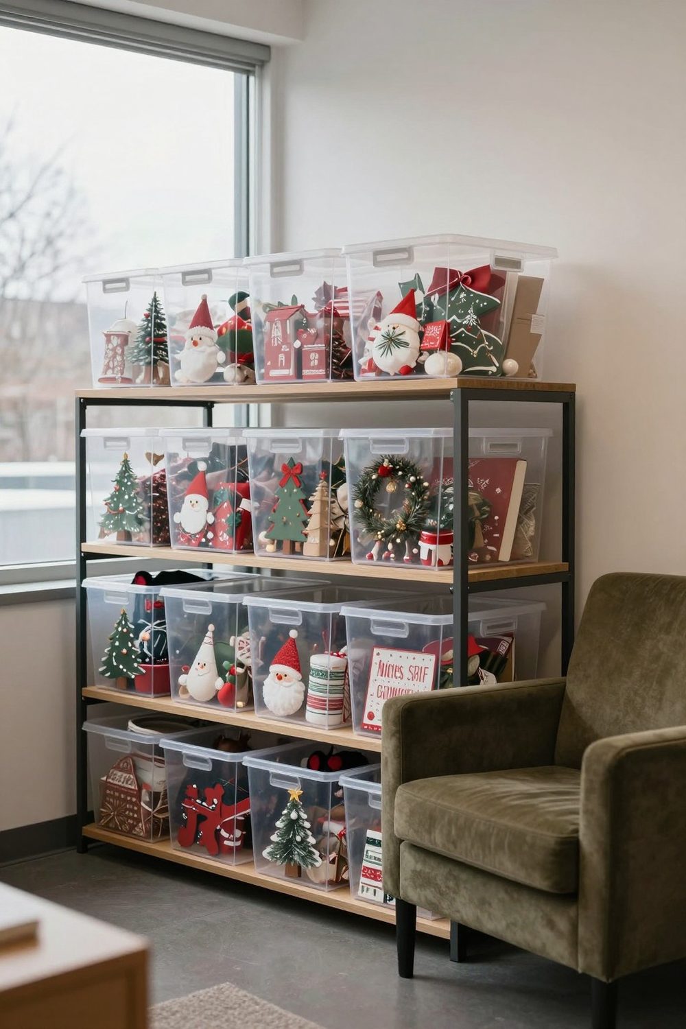 Office holiday decorations packed neatly into clear storage bins on a shelf
