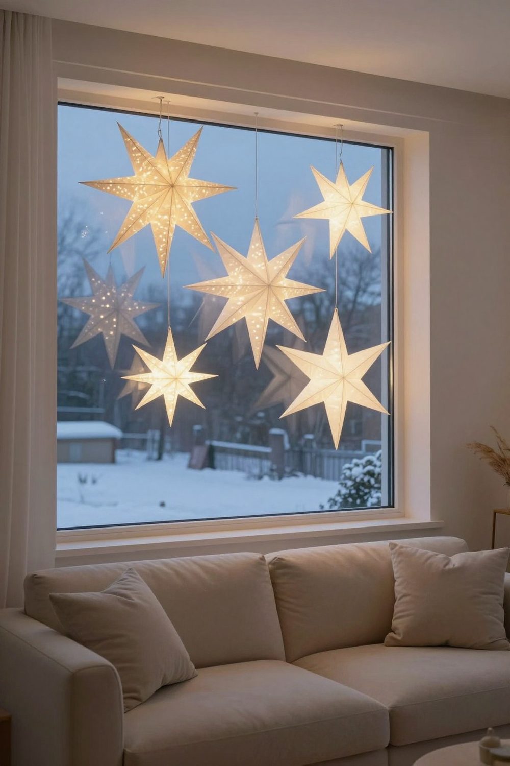 White folded paper star lanterns glowing with LED lights hanging in a window
