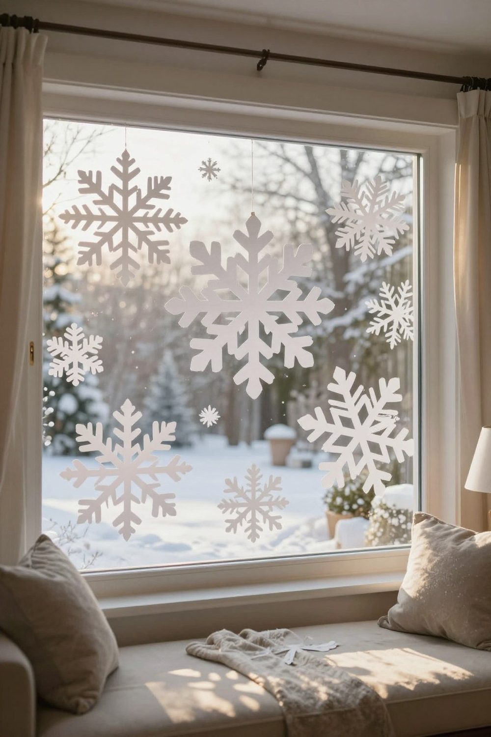 Large white paper snowflakes taped to a window with a winter view