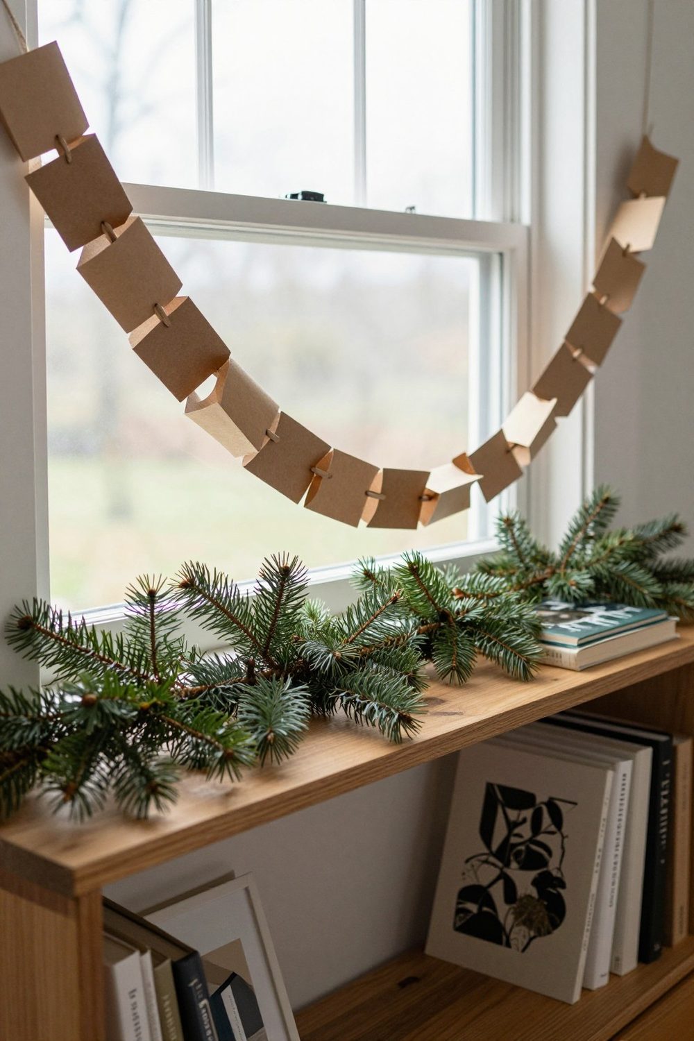 Kraft paper chain garland draped along a wooden shelf with greenery
