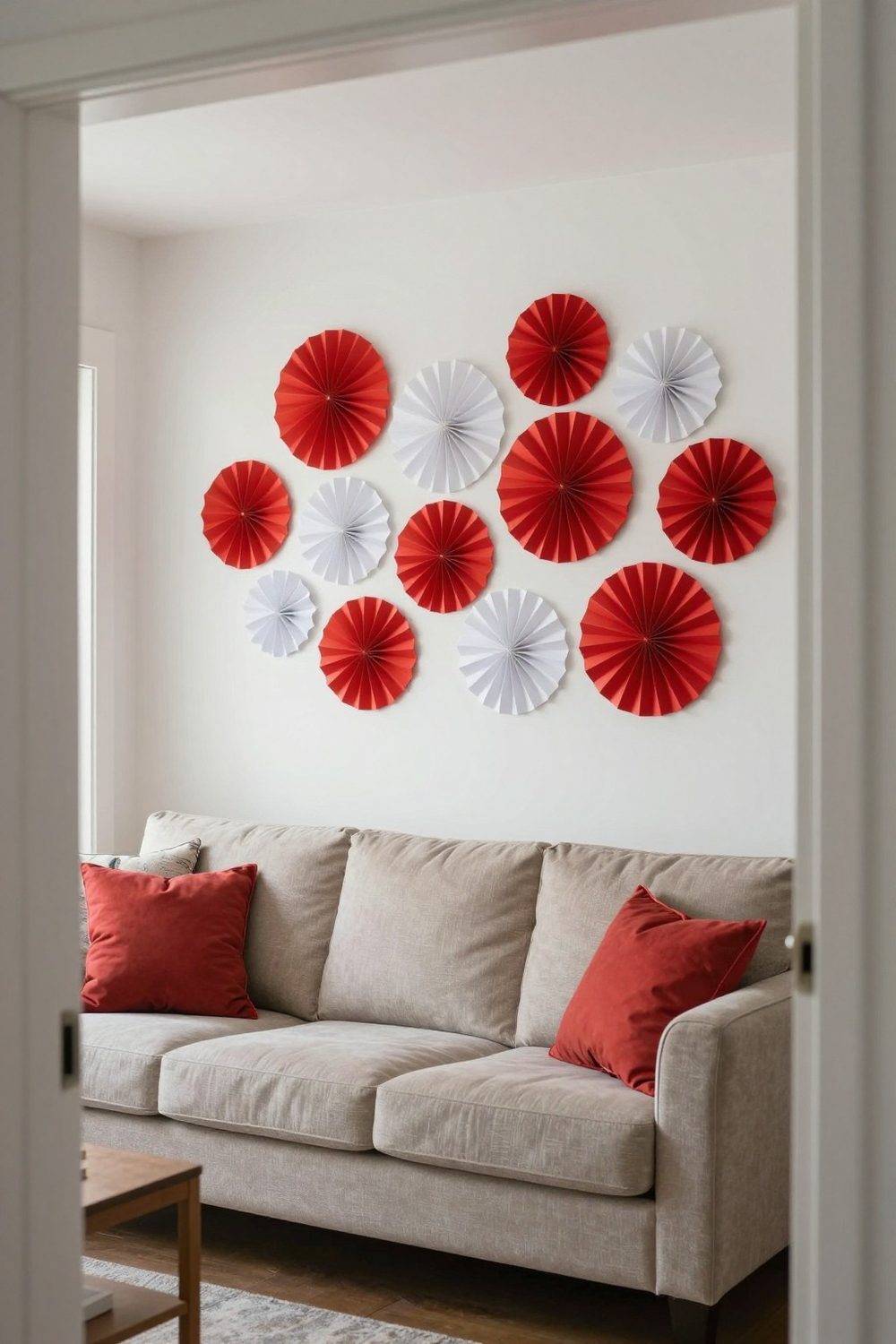 Red and white paper rosettes or fans arranged on a wall above a sofa