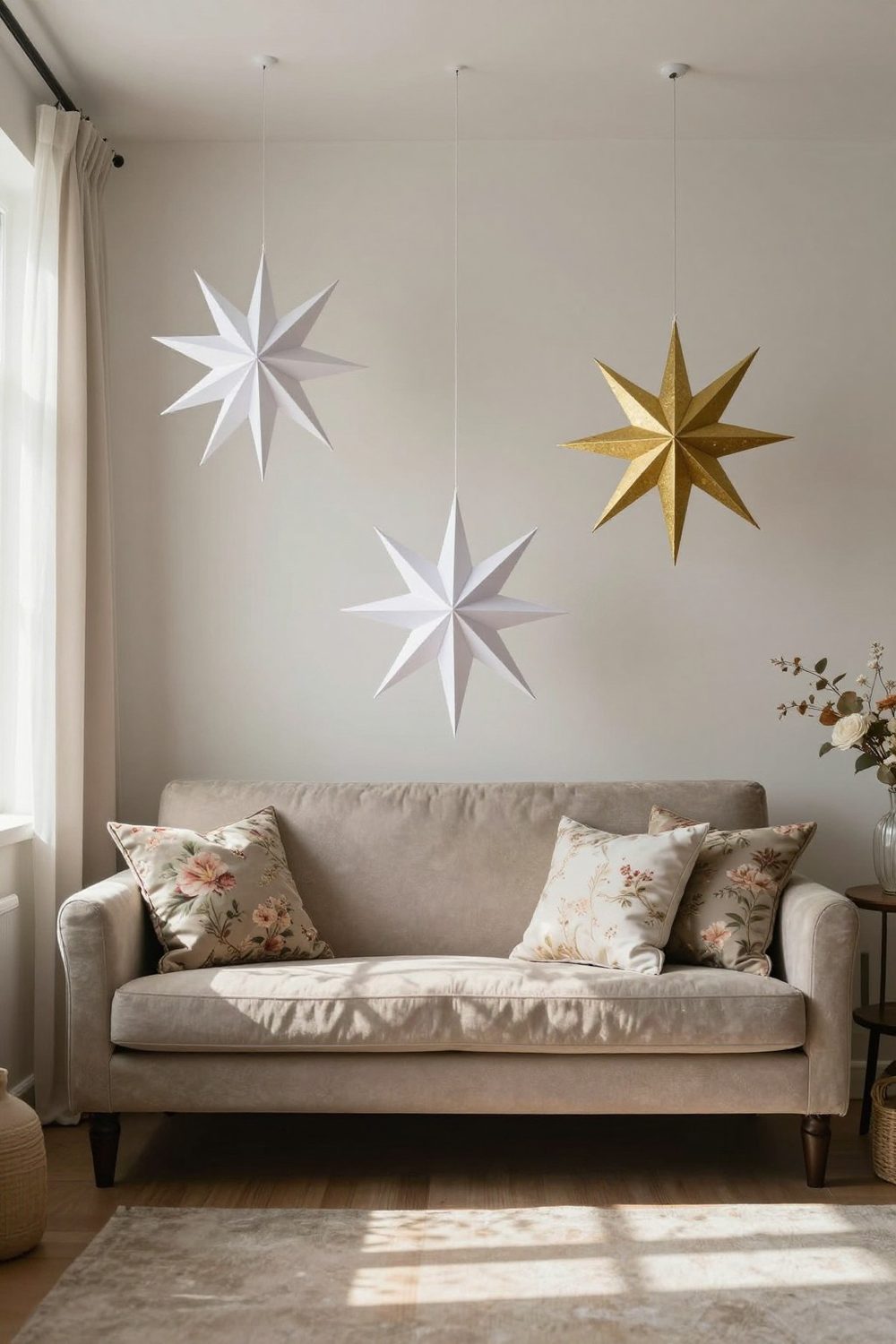 Three-dimensional folded paper stars in white and gold hanging at different heights