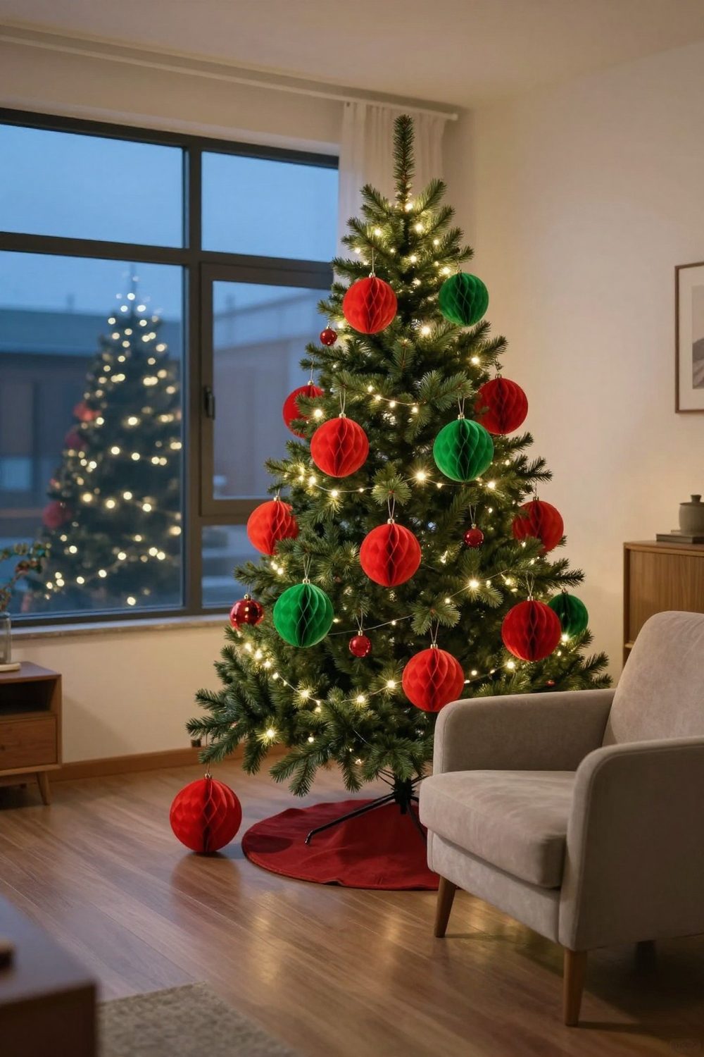 Honeycomb paper ornaments in red and green hanging on a Christmas tree