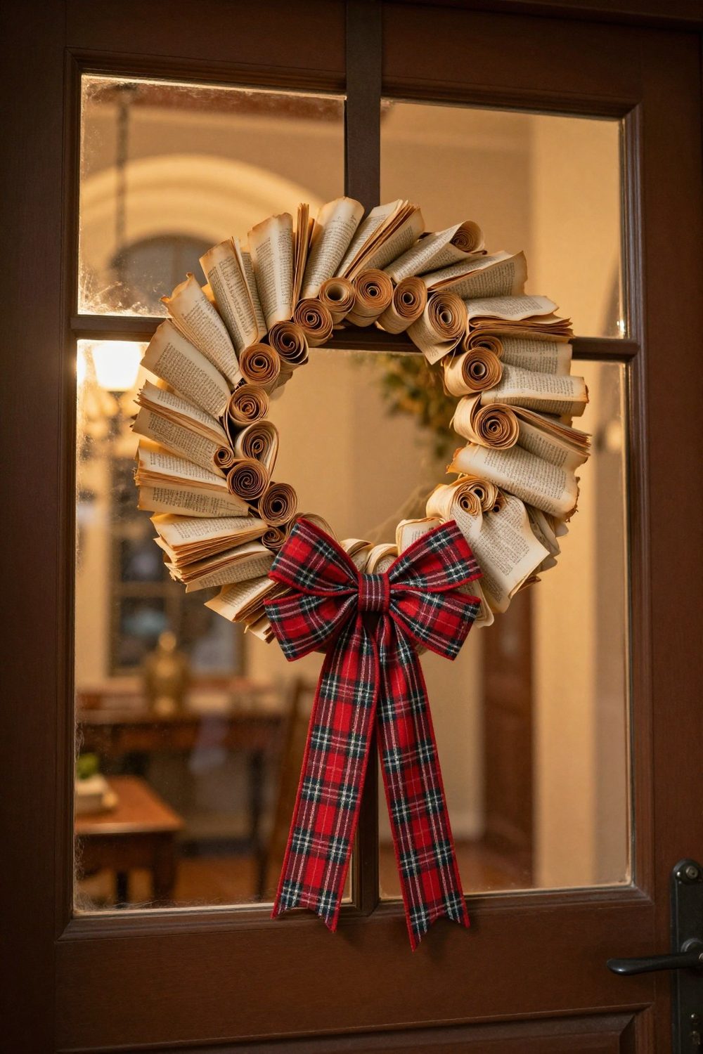 Wreath made of rolled vintage book pages with a plaid ribbon bow on a door