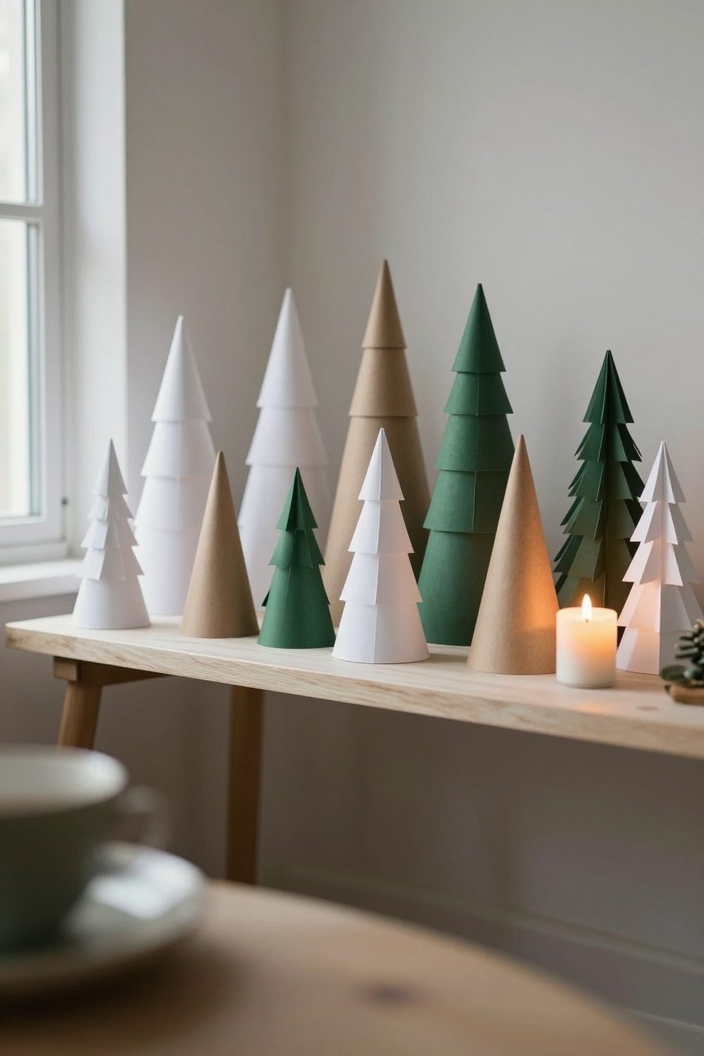 Paper cone Christmas trees in white, kraft and green on a mantel with LED candles