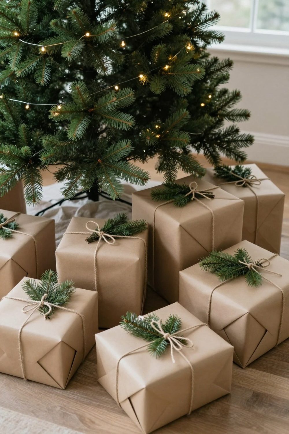 Gifts wrapped in kraft paper with twine and greenery under a Christmas tree