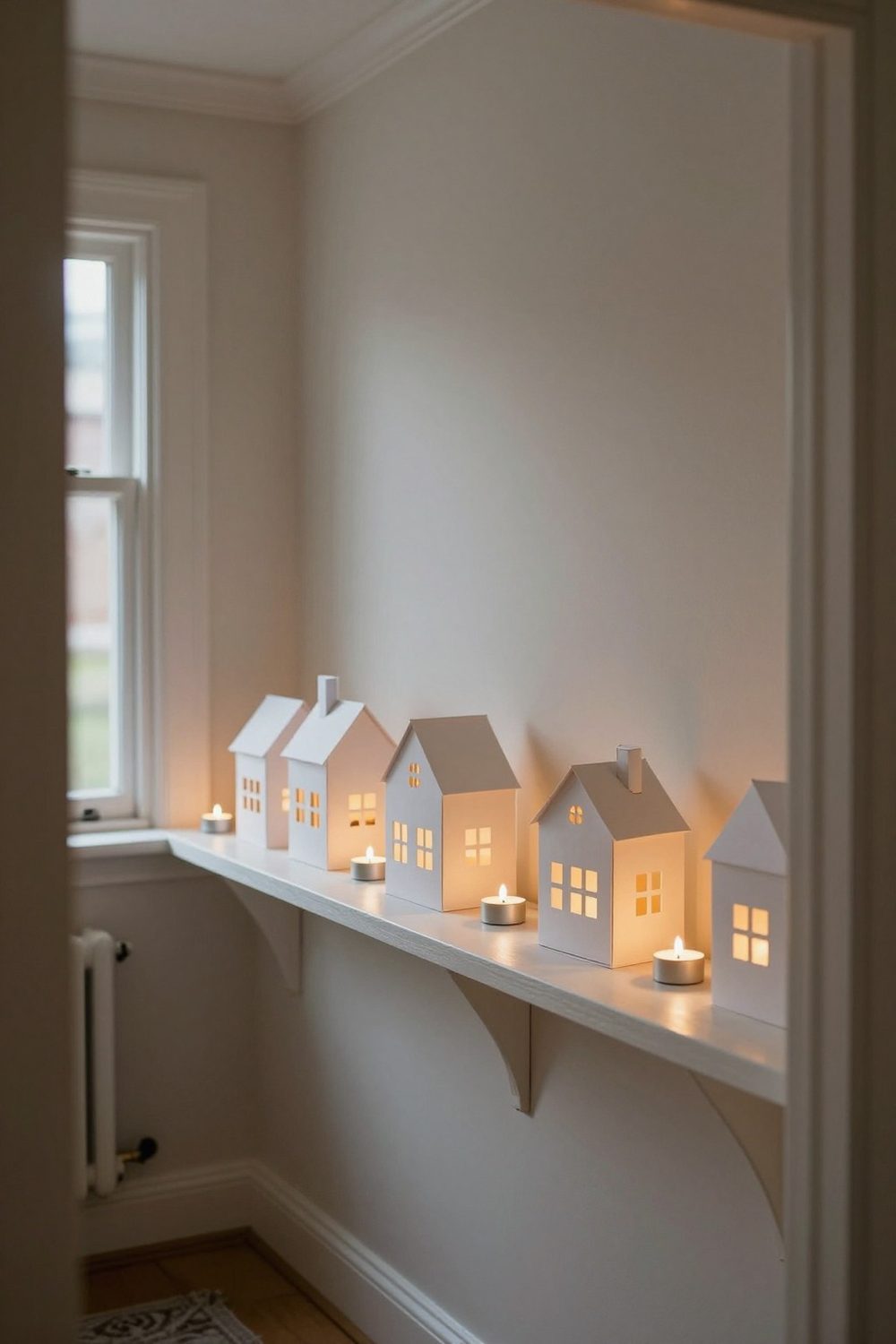Paper village of small white houses lit from inside by battery tea lights on a shelf