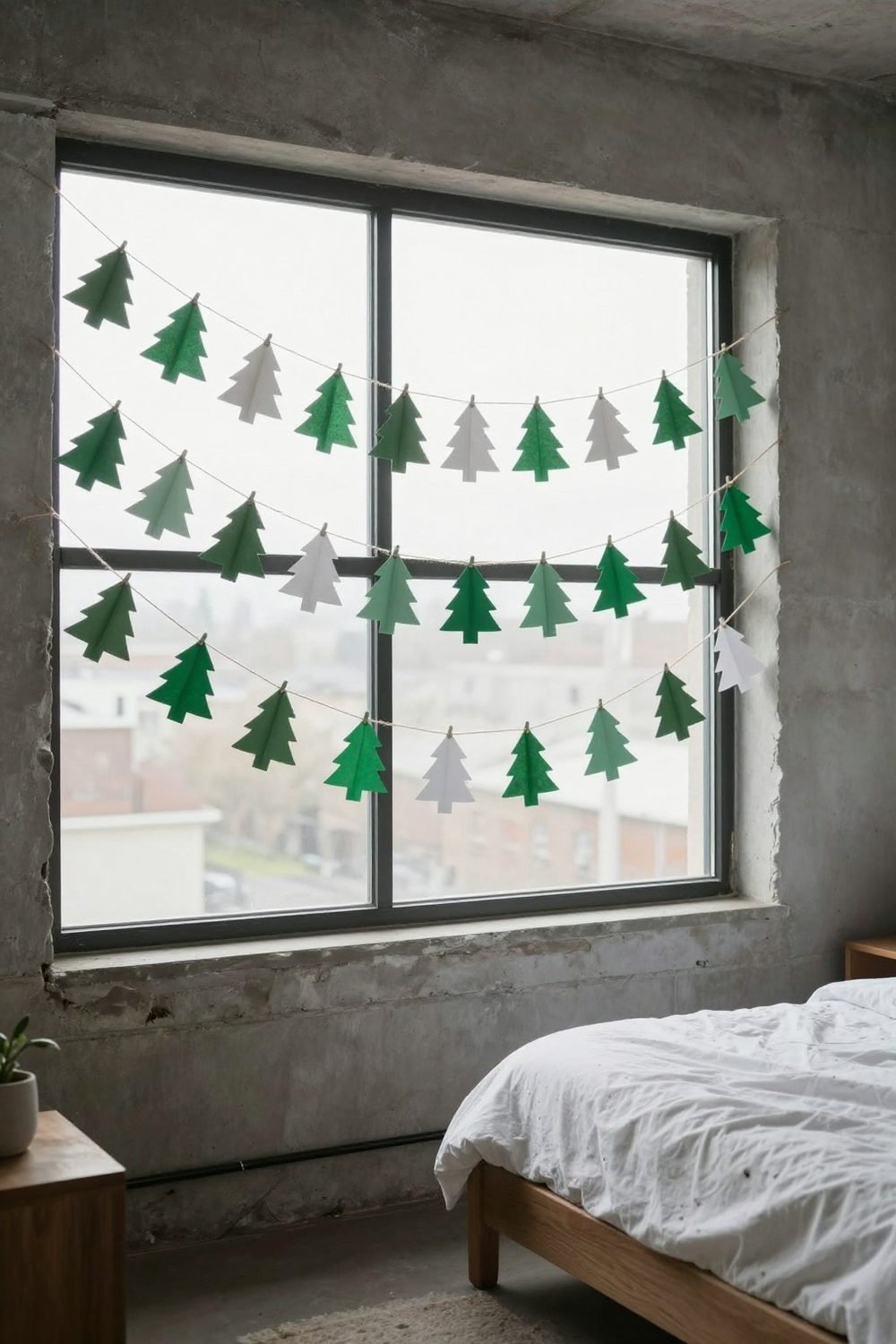 Garland of die-cut paper Christmas trees strung across a window