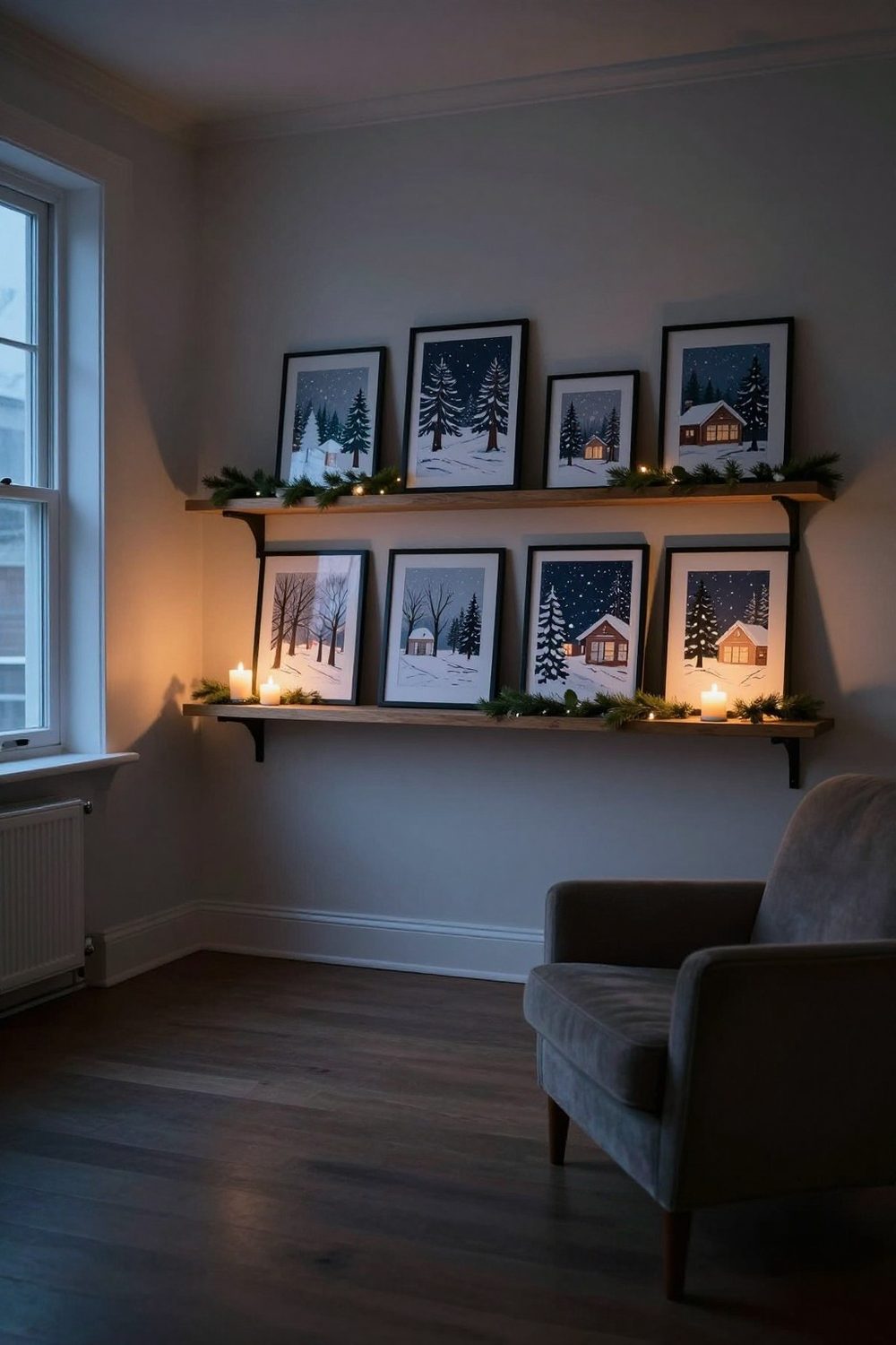 Framed illustrated Christmas art prints of winter scenes on a gallery shelf