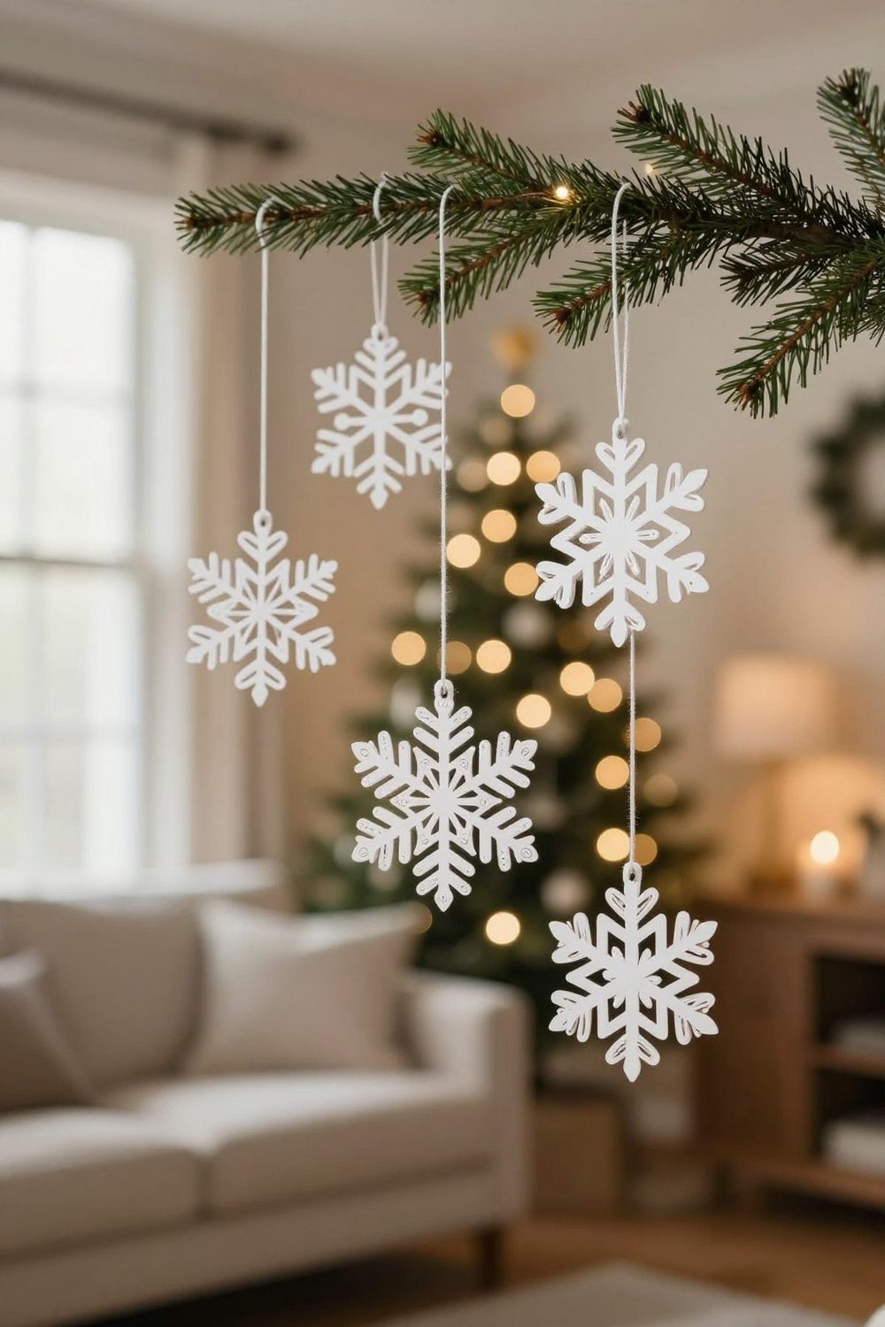 Close-up of quilled paper snowflake ornaments in white on a dark background