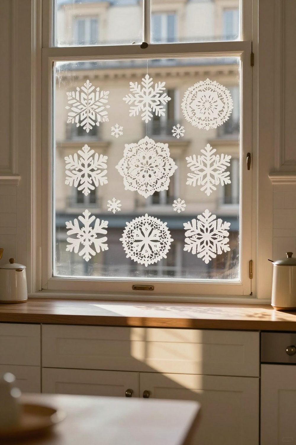 White paper doilies arranged as snowflakes on a window pane