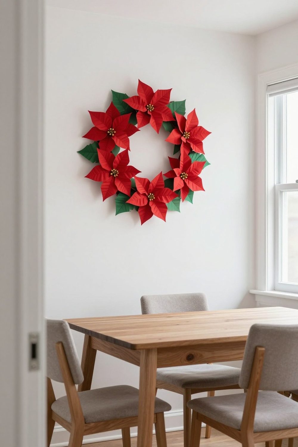 Wreath of red paper poinsettia flowers with green paper leaves on a wall
