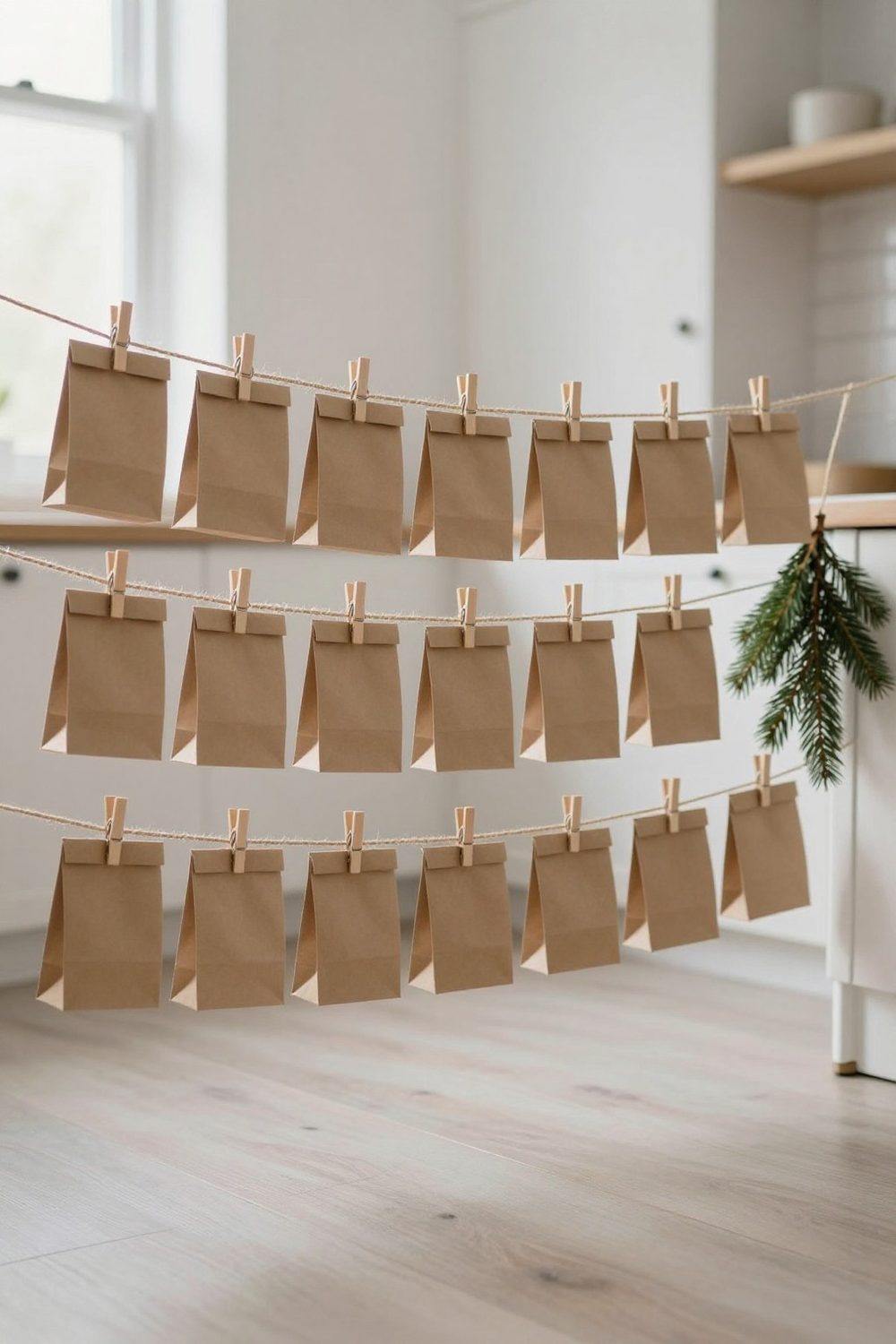 Advent calendar of small kraft paper bags clipped to a twine line with wooden pegs