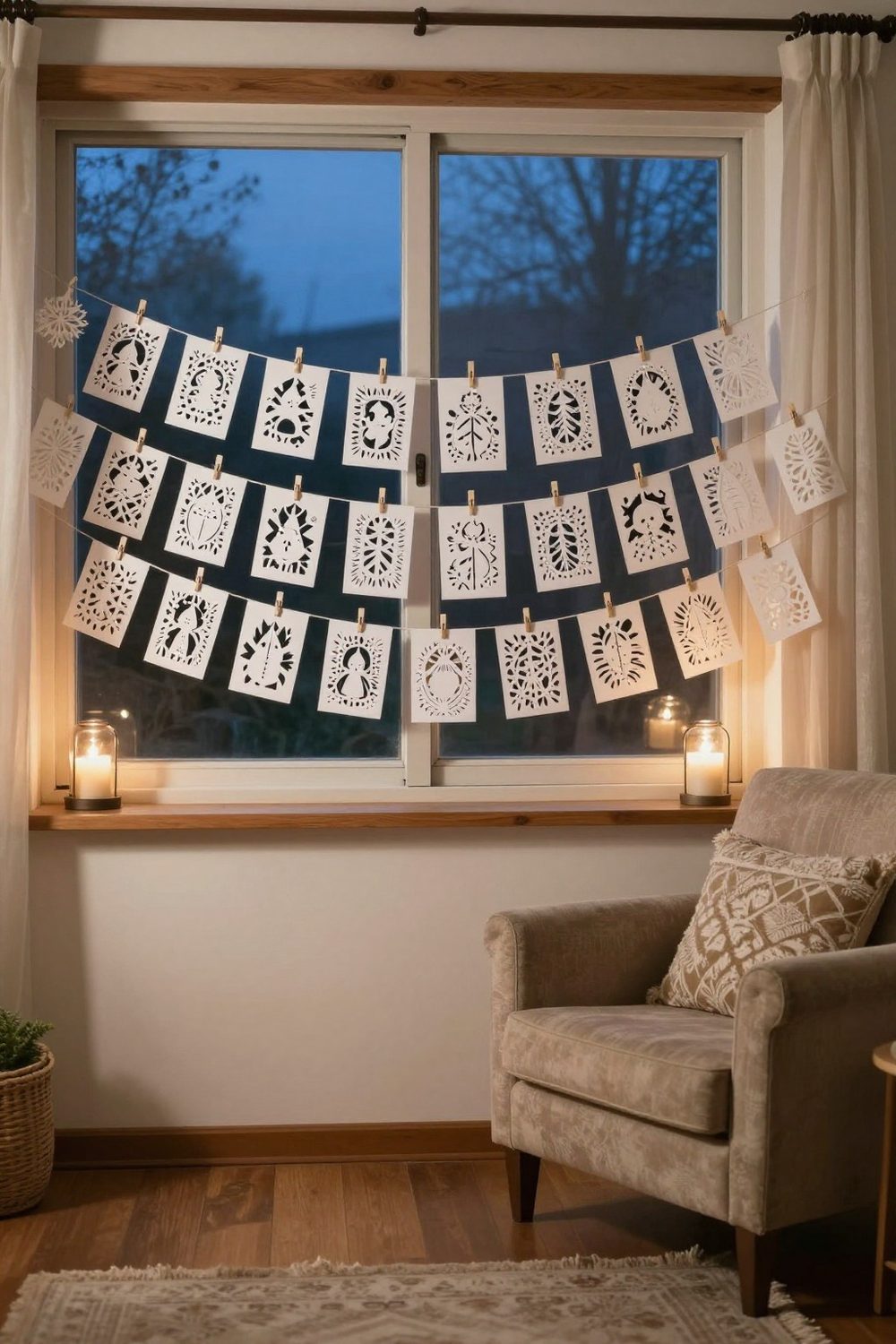 Kirigami pop-up paper cards displayed on a string across a mantel