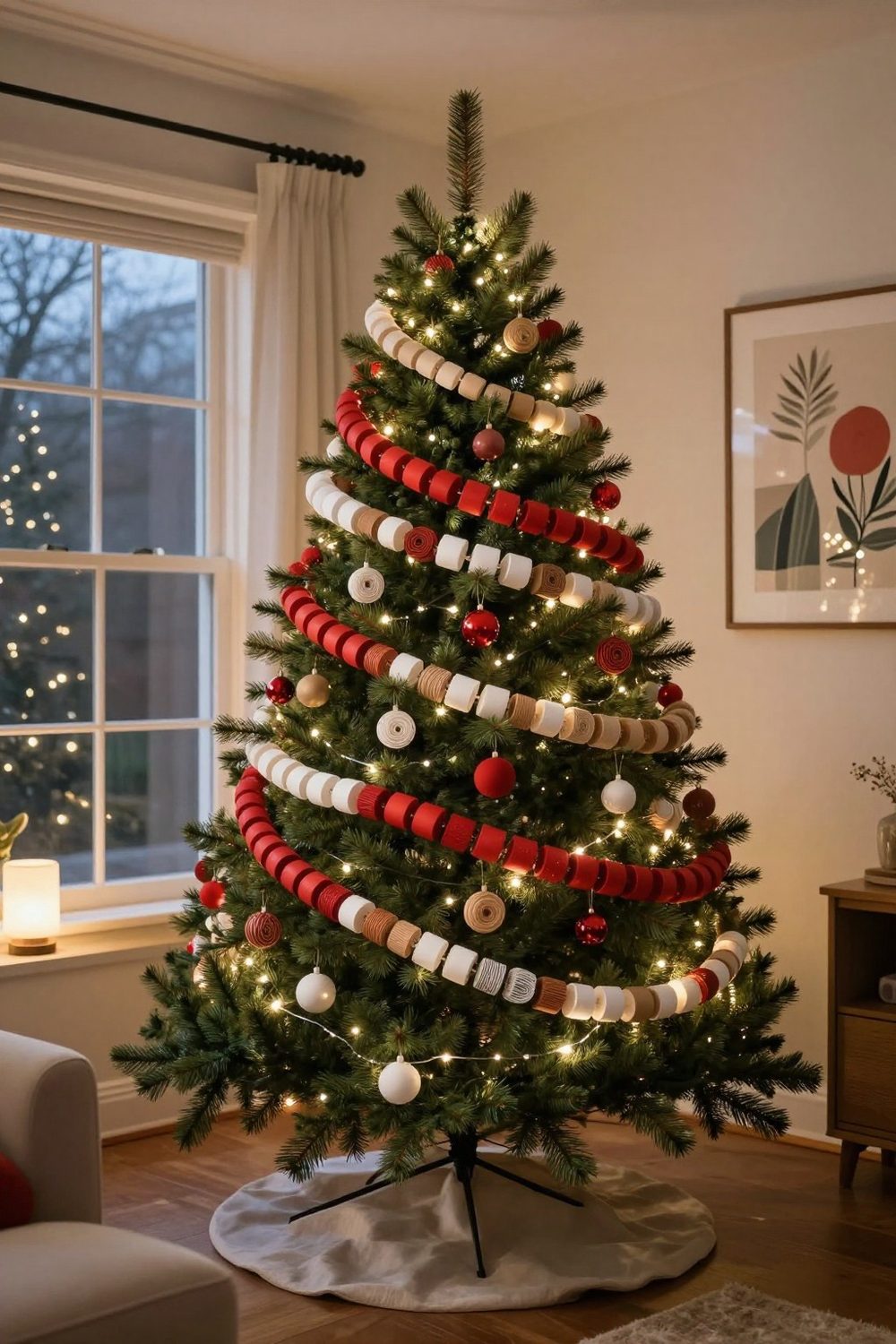 Paper bead garland in red, white and kraft on a Christmas tree