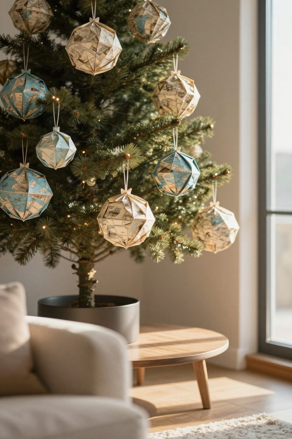 Ornaments made from vintage map paper hanging on a small tree