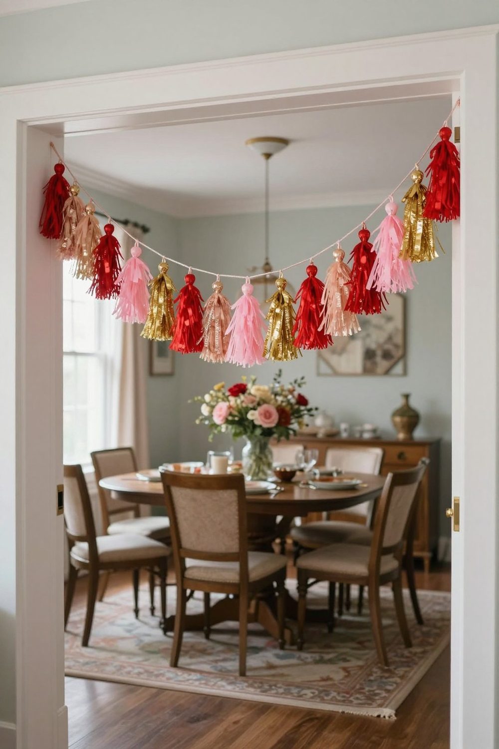 Tissue paper tassel garland in red, pink and gold across a doorway