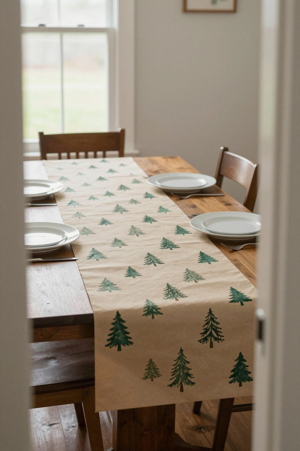 Kraft paper table runner hand-stamped with little evergreen trees on a dining table
