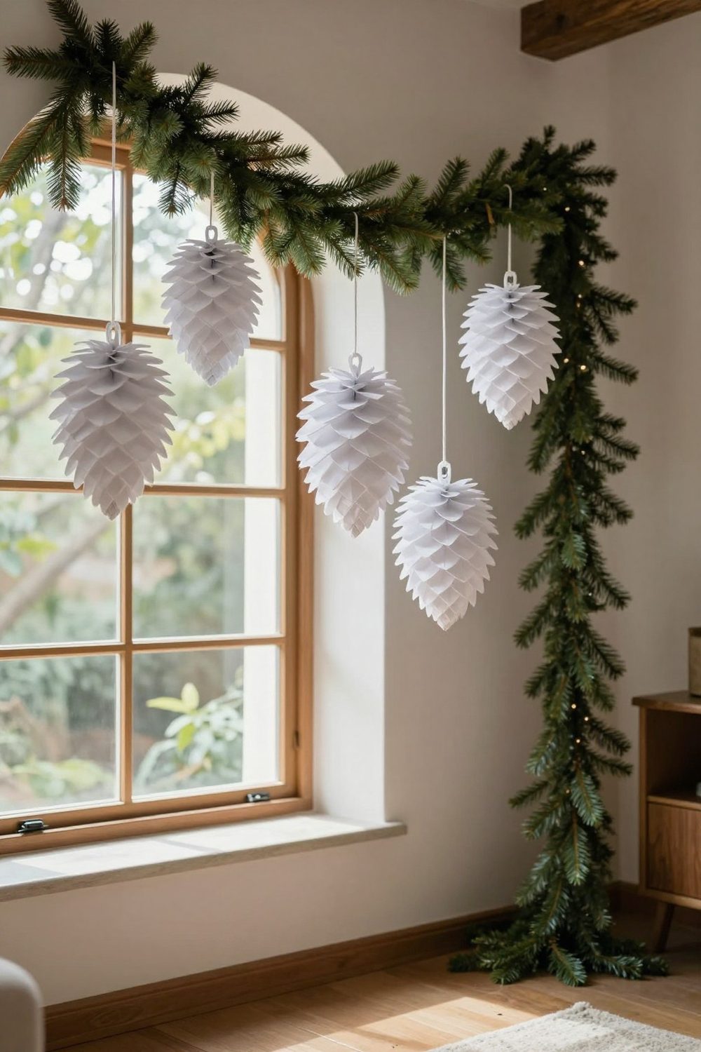 Folded paper pinecone ornaments in white hanging on greenery