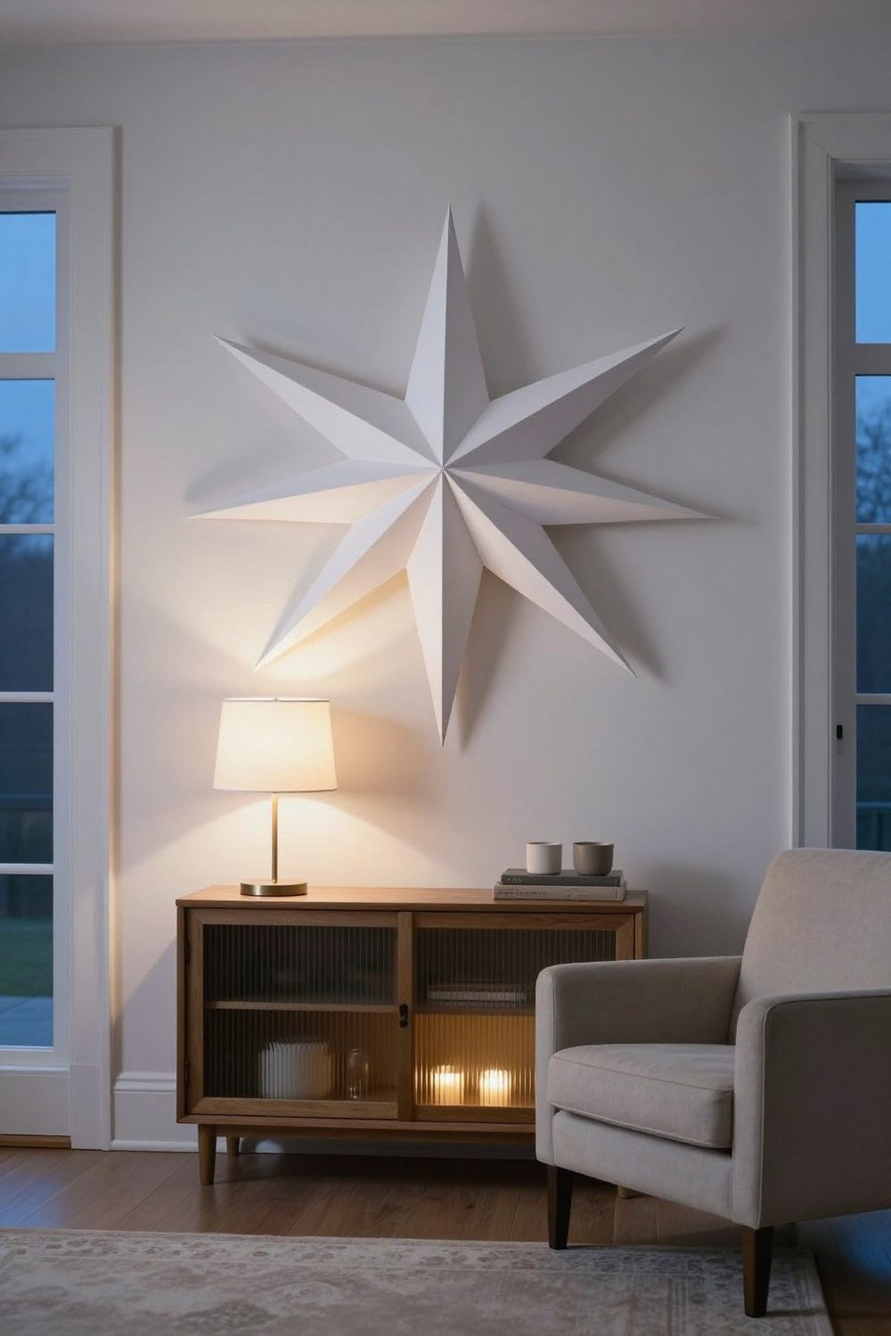 Oversized white paper star on a living room wall above a console