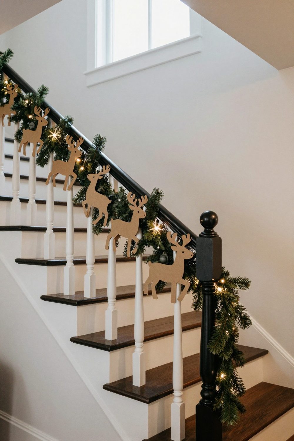 Garland of brown paper reindeer silhouettes along a staircase banister