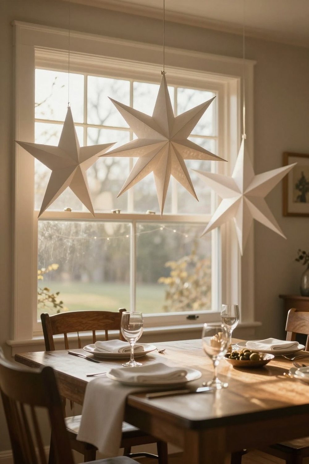 Paper bag stars made from folded lunch bags hanging in a window