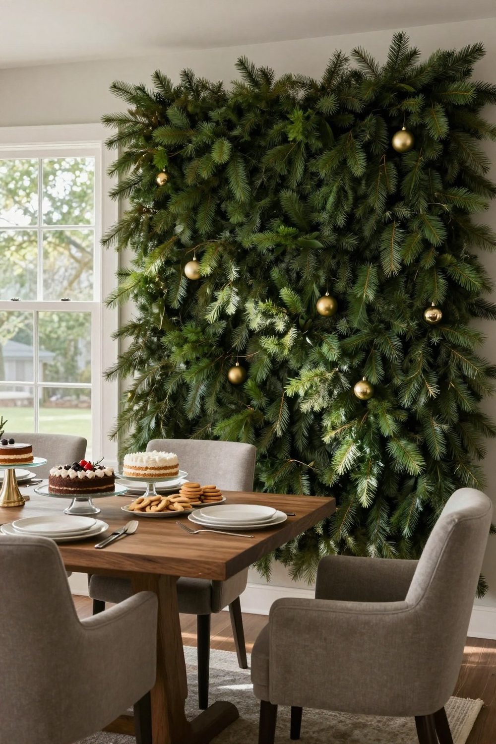 Christmas party dessert table with a lush greenery backdrop, cakes on stands and cookies on platters